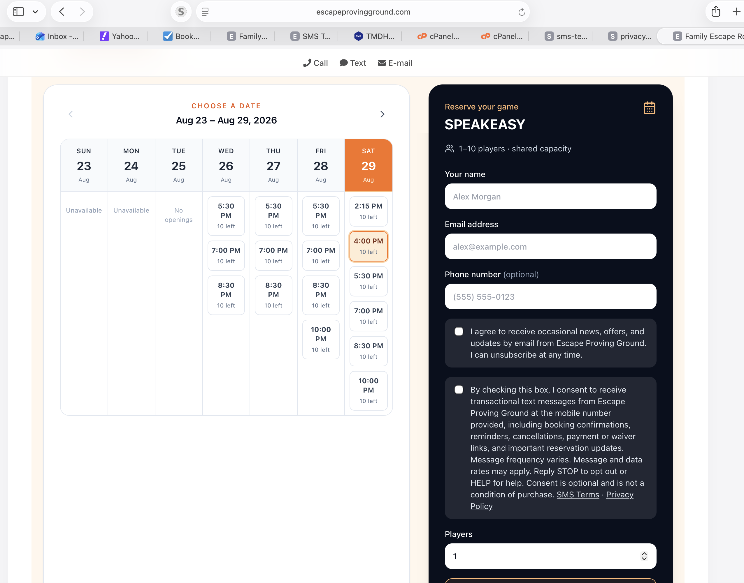 Escape Proving Ground public booking form showing the transactional SMS consent checkbox unchecked by default, with SMS Terms and Privacy Policy links visible.